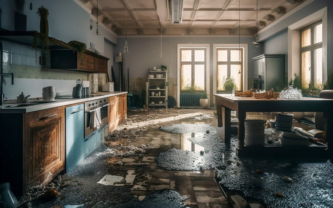Interior of home kitchen damaged by a flood water full of goods
