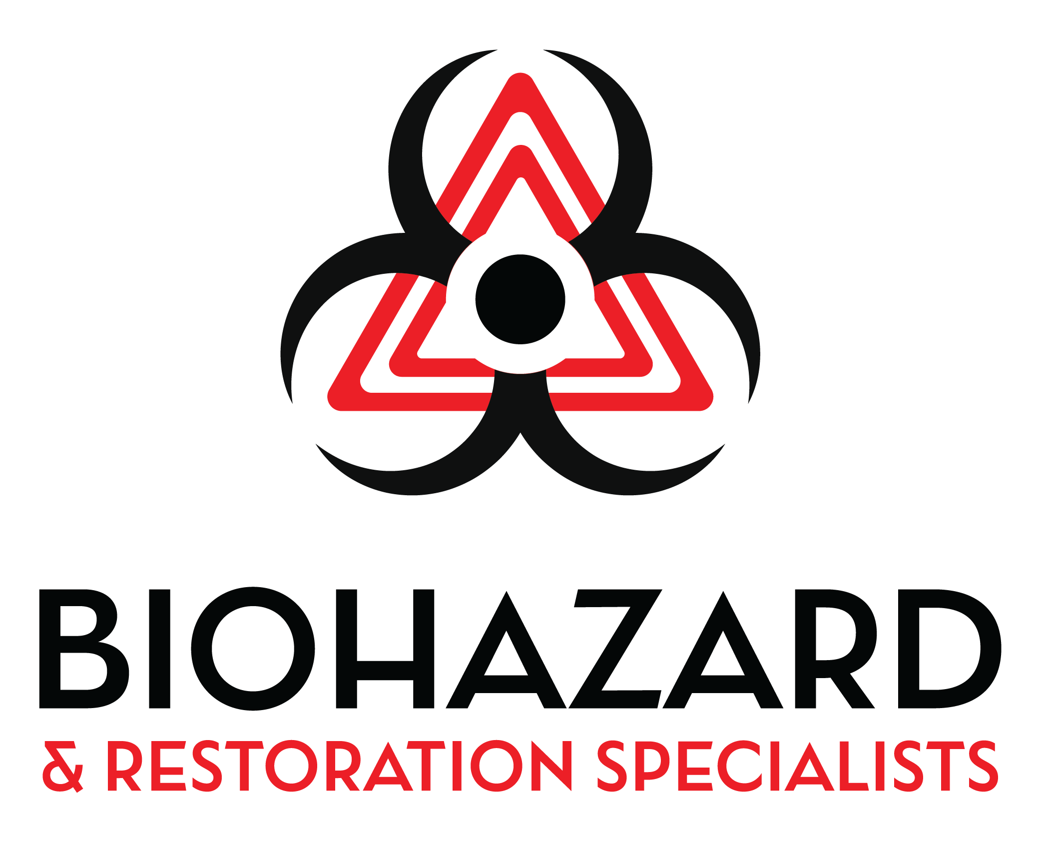 Black and red Biohazard and Restoration Specialists logo with transparent background